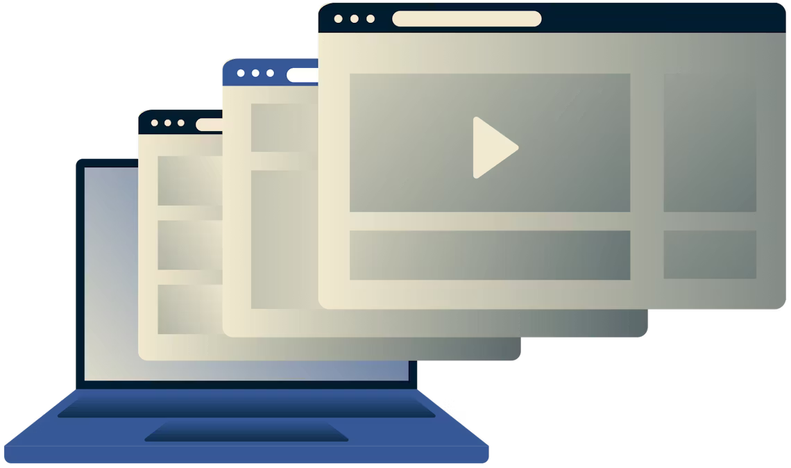 Entsperren Sie Videos, Musik, Sport und soziale Medien. Laptop mit mehreren Browserfenstern.