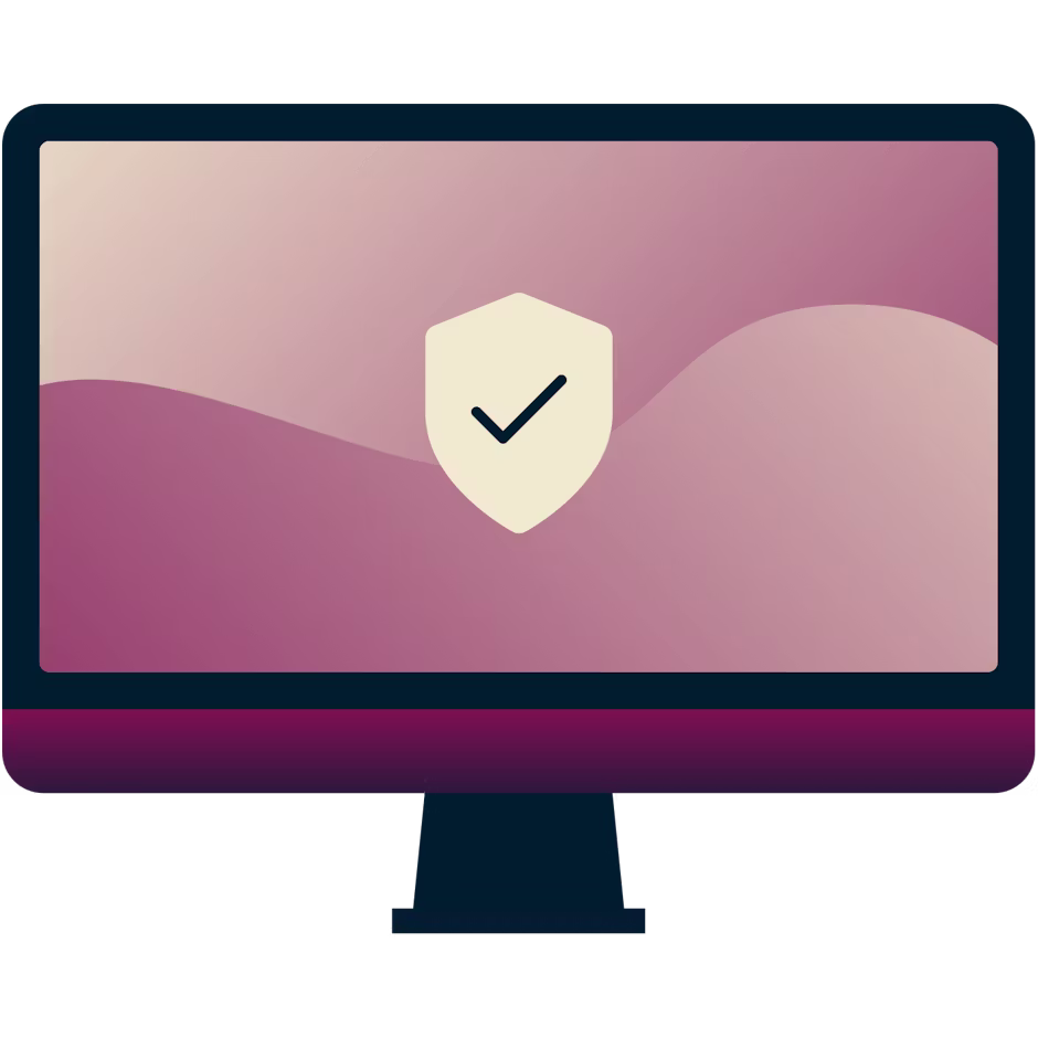 Hvad er forskellen mellem en proxy og en VPN? Computerskærm med et skjold med et flueben på.