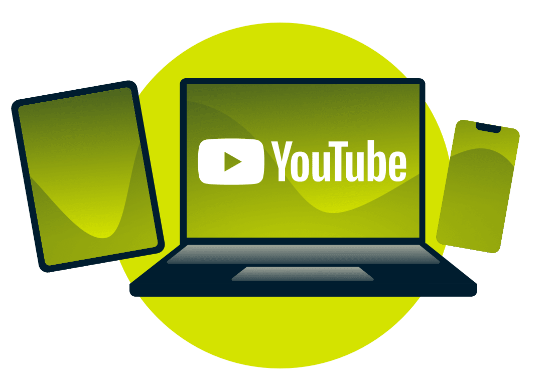 Kannettava tietokone, tabletti ja puhelin, joissa on YouTube-logo.